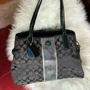 Coach F24882 Black Signature Python Print Stripe Tote Bag Large Shoulder Handbag